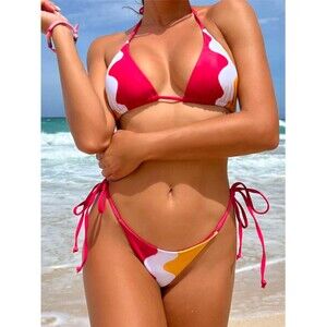 Large Red, Orange, White Color Block Halter Triangle Tie Side Bikini Swimsuit